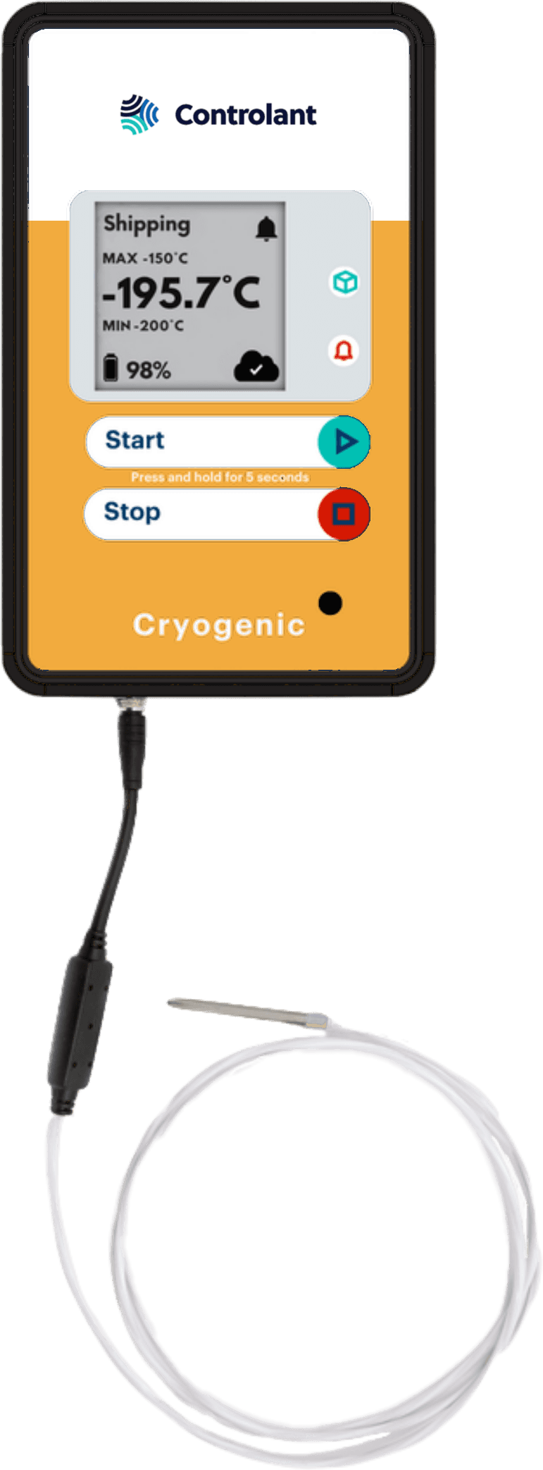 Saga Cryogenic device, white at the top and orange from the screen down, PR-T80 probe attached and coiled below it, screen reading −195.7 °C