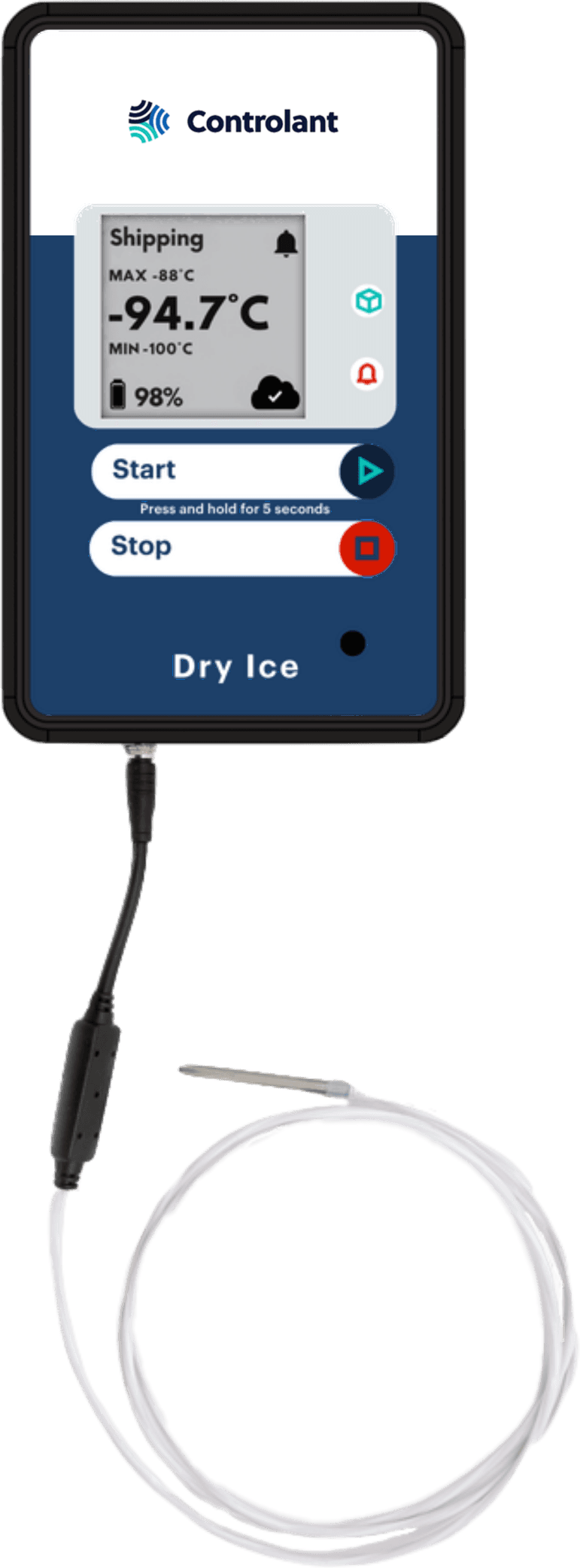 Saga Dry Ice device, white at the top and navy from the screen down, PR-T80 probe attached and coiled below it, screen reading −94.7 °C