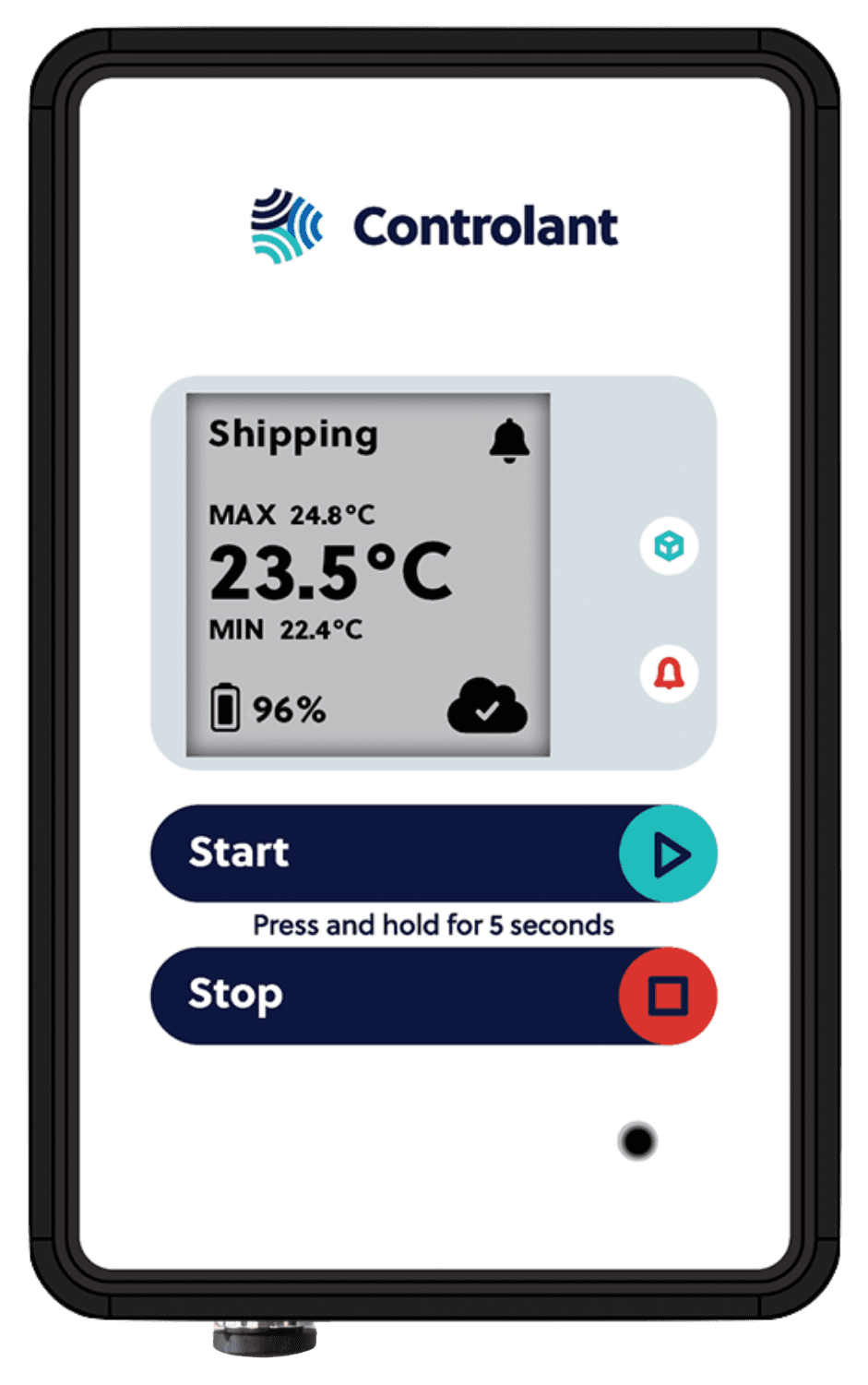 Front view of a Controlant Saga device screen showing a shipment in progress at 23.5 °C
