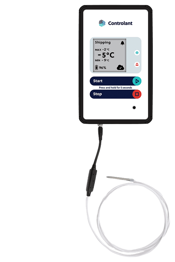 Saga device with the PR-T80 probe attached and coiled below it, screen reading −5 °C