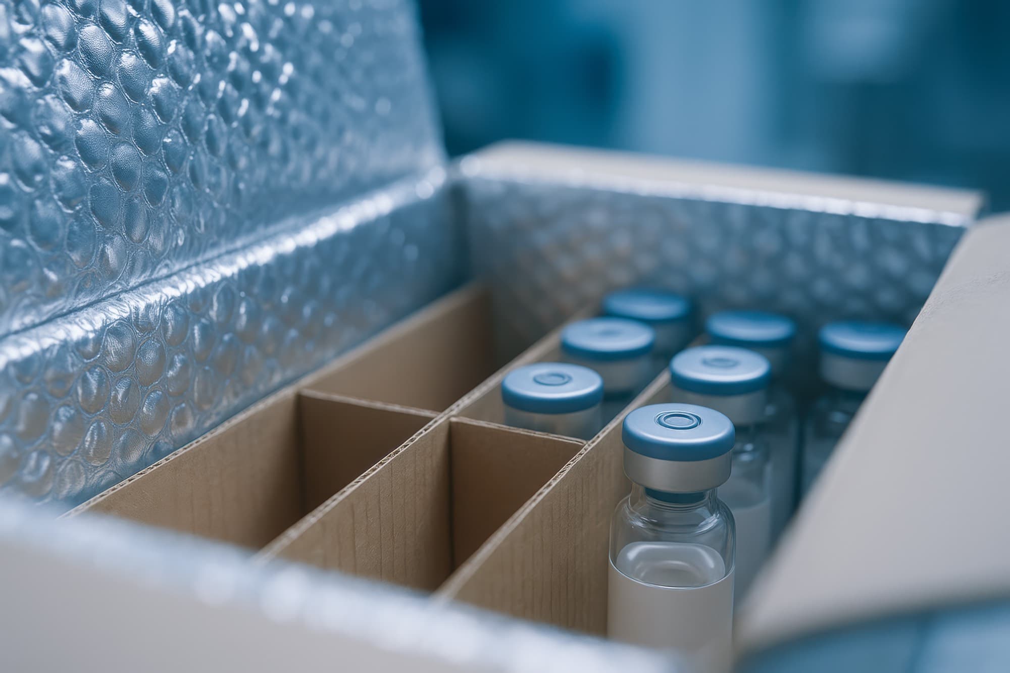 Glass vials packed in a foil-lined insulated shipping box