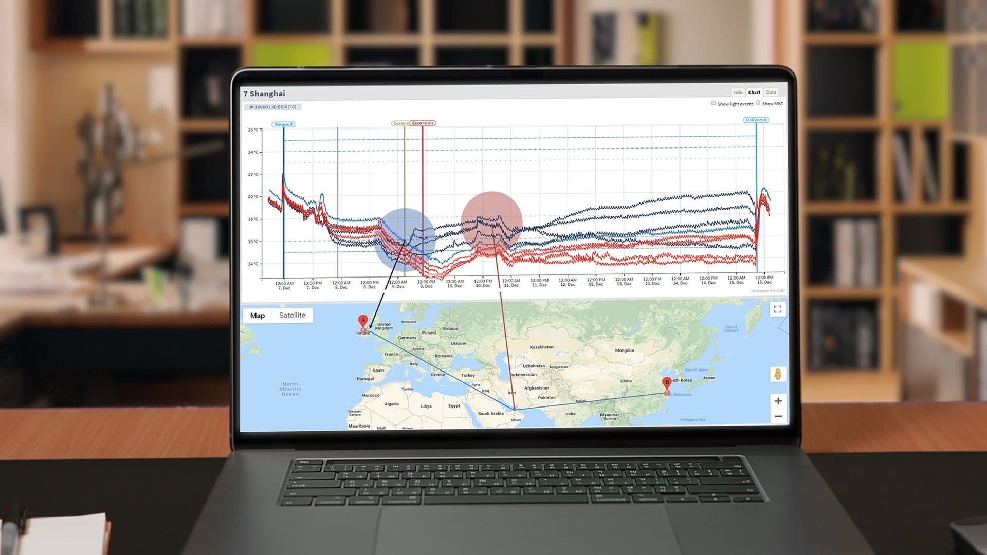 A laptop in an office showing one shipment's temperature chart with its excursions marked, above a map of its route from Ireland to Shanghai