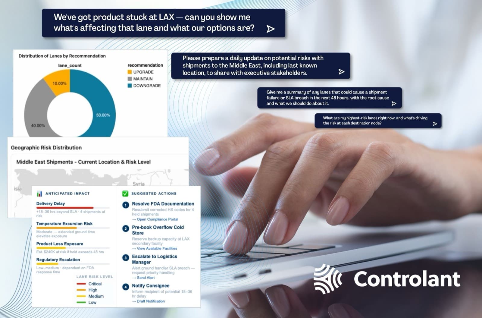 A hand on a laptop beside panels of Controlant risk analysis listing anticipated impacts and suggested actions